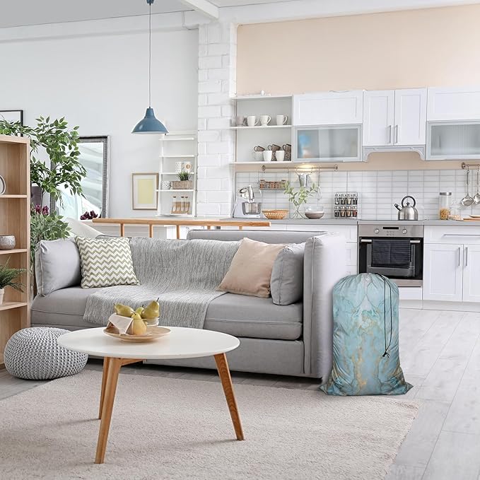 Swono Marble Stone Laundry Bag with Drawstring Closure, Foldable, Compact, Lightweight, 28" X 40" Blue Golden Liquid Lines Packable Dirty Clothes Pouch for College Dorm, Camp, Road Trip, Cruise or Gym