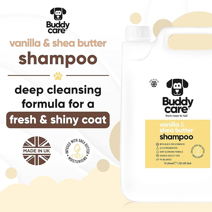 Vanilla & Shea Butter Dog Shampoo by Buddycare | Moisturising Shampoo for Dogs | Vanilla & Shea Butter Scented | with Aloe Vera and Pro Vitamin B5 (169.07oz)