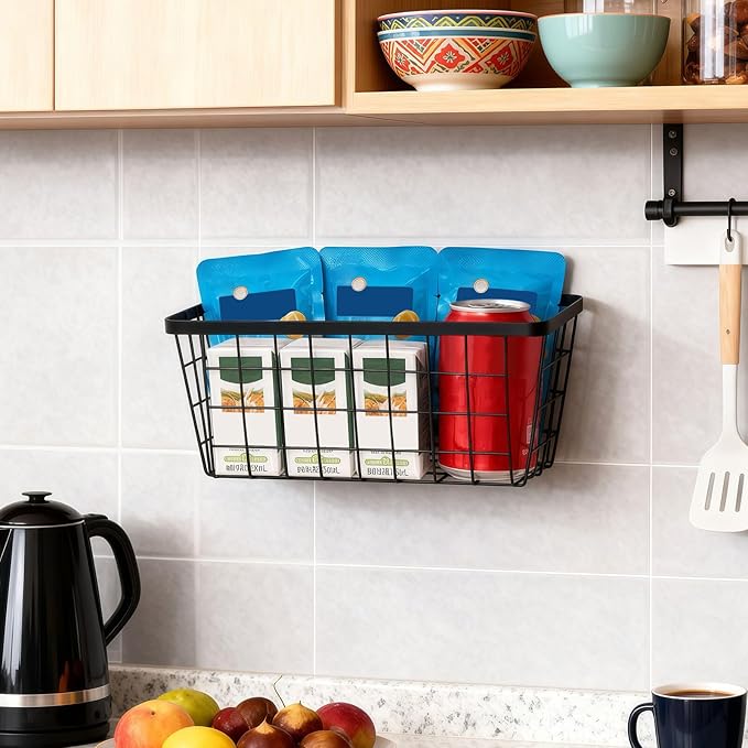 2 Pack Hanging Wall Basket Organizer Over the Cabinet Door Wire Baskets for Organizing -Space-Saving Hanging Baskets for Organizing Wall Mount Storage,No Drilling Adhesive Wall Storage Basket, Black