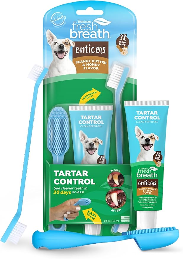 TropiClean Fresh Breath Oral Care Kit - Soft Bristle Finger Toothbrush - Dog Tooth Brushing Kit - Peanut Butter and Honey Flavor Dog Toothpaste