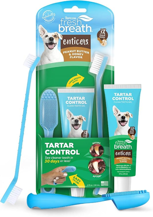 TropiClean Fresh Breath Oral Care Kit - Soft Bristle Finger Toothbrush - Dog Tooth Brushing Kit - Peanut Butter and Honey Flavor Dog Toothpaste
