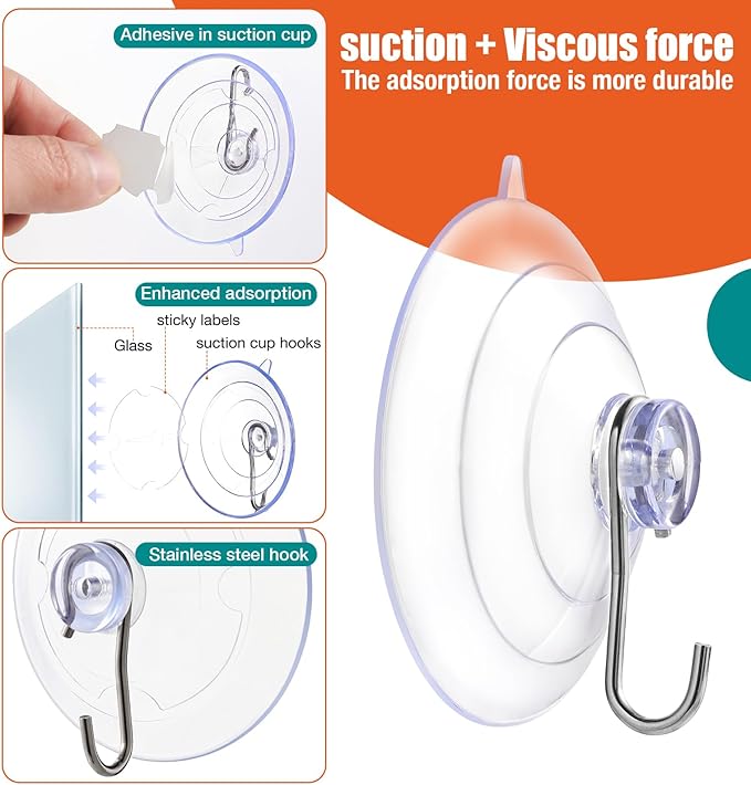 1.77-inch Medium Suction Cup Hooks, Reusable Clear PVC Suction Hooks for Smooth Glass Doors, Windows, Metal, Plastic, and Ceramic Tile Surfaces, Provide Super Strong Suction (4 Lb / 12-Pack)