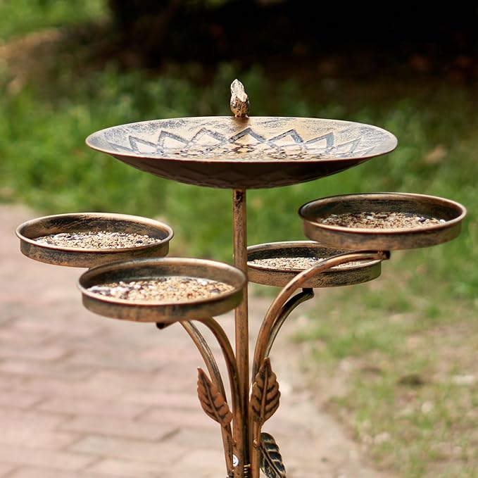 33.5 "H Cast Iron Base Outdoor Bird Bath, Metal Bird Feeding Bowl Tray, Metal Bird Bath Garden Patio Decor