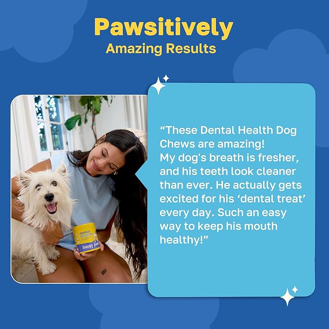 Happy Paws Dental Supplement, Dog Breath Freshener & Teeth Cleaning Treats, Oral Care Support for All Breeds, Sizes & Ages, Natural Spearmint Flavor, Organic, Non GMO, 200 Soft Chews