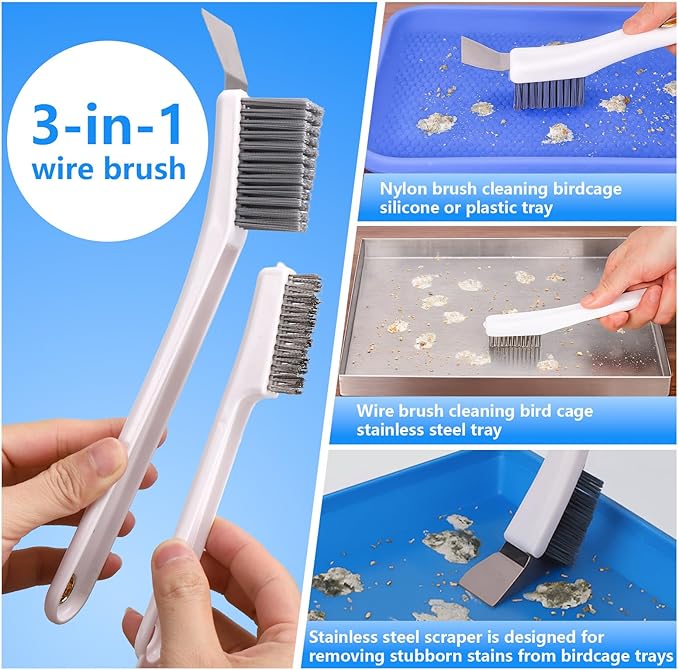 XANGNIER Bird Cage Cleaner Brush Kit,Bird Poop Remover Cleaning Tools Set Accessories for Small,Medium,Large,Tall,Stainless Steel,Parakeet,Budgie,African Grey Parrot,Cockatoo Birds Cage Accessories