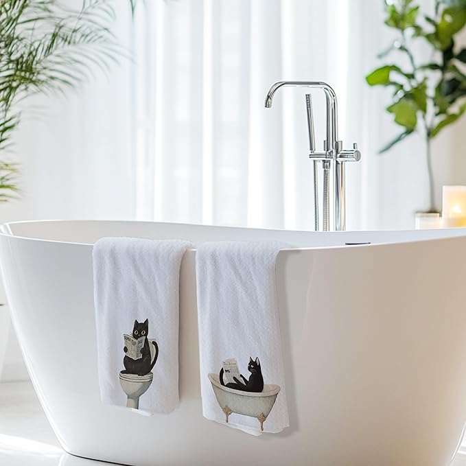 Cabana Bro Funny Black Cat Bathroom Hand Towels, Black Cat Gifts, Funny Kitty Read Newspaper Decorative Hand Towels for Kids Bath Room Washroom Spa Dorm, 16x24 Inch Set of 2