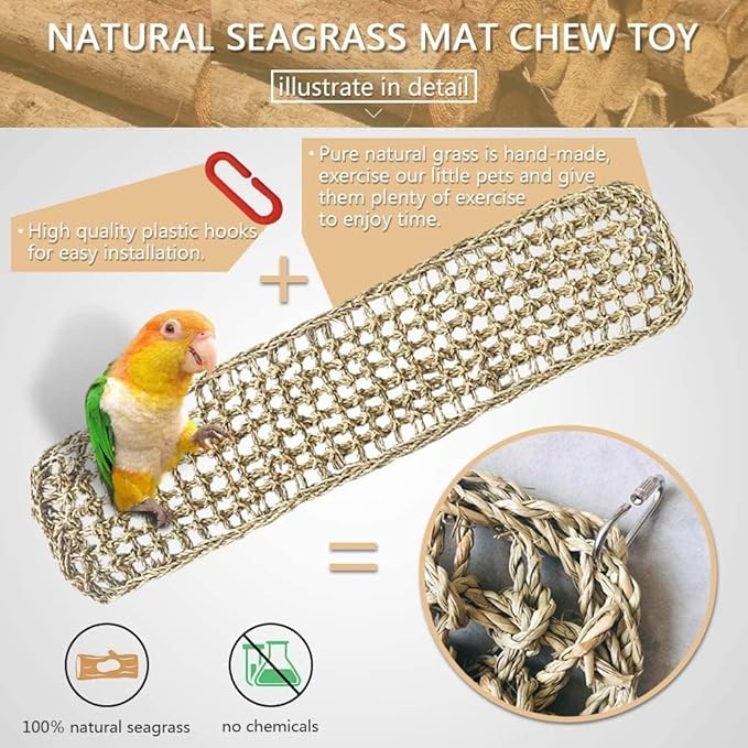 2Pcs Bird Seagrass Mat 30 × 7" Natural Grass Woven Net Hammock with Hooks Climbing Rope Ladder Chew Toys Hanging on Parrot Cage for Lovebird Pigeon Cockatiel Conure Budgie Cockatoo