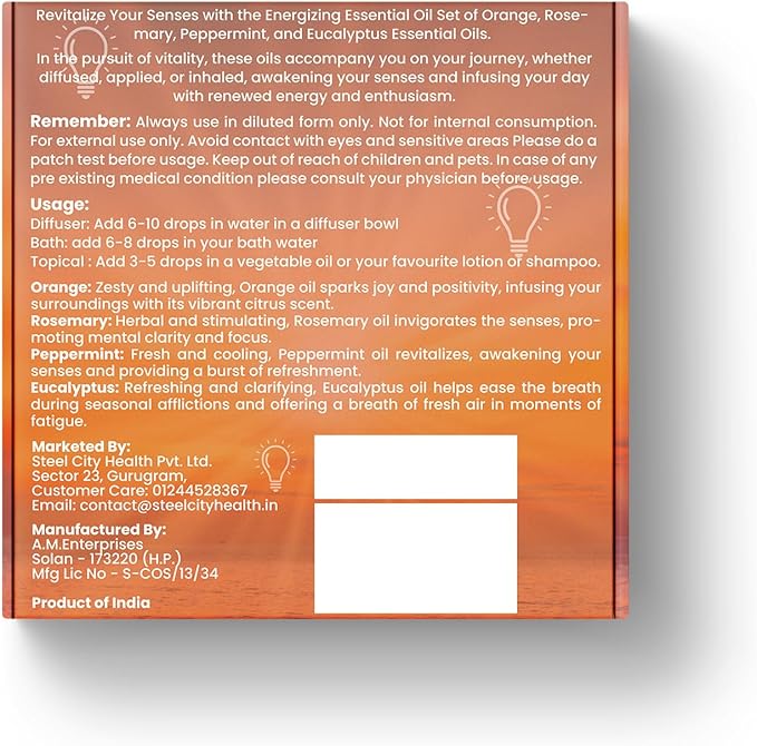 HM Bright Essential Oil Kit – 4 Pack | Gift Set | Orange, Rosemary, Peppermint, Eucalyptus | Energizing Aromatherapy for Focus, Clarity, and Uplifted Mood – 1.35 FL OZ Each