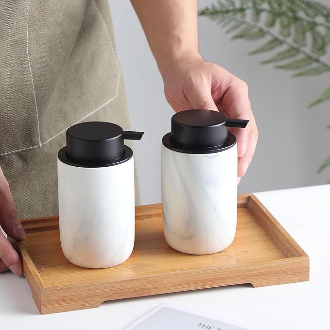Marble Foaming Soap Dispenser Set - 2 Pack White Marble Ceramic Foam Dish Hand Soap Dispenser with Black Pump for Bathroom, Bathroom Dispenser Set for Modern Home Farmhouse Decor