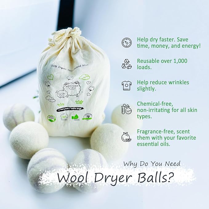 Wool Dryer Balls Laundry Reusable, 100% Natural New Zealand Wool Balls for Dryer, 6 in 1 Pack (Grey Stripe)