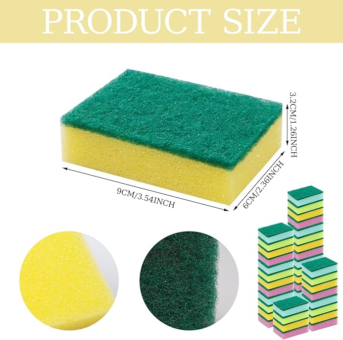 100 Pcs Heavy Duty Cleaning Scrub Sponge Bulk Kitchen Abrasive Scrubber Sponge for One Washing Dish One Scouring Absorbent Scrubbing Assorted Colors