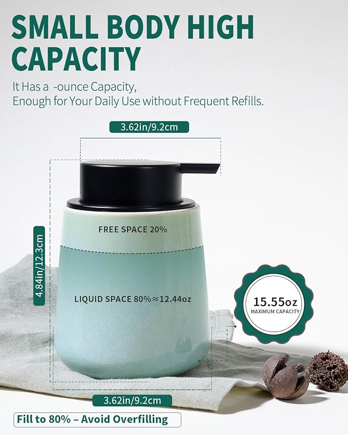 BosilunLife Foam Hand Soap Dispenser - 12 oz Bathroom Lotion Hand Pump Dispenser Light Green Foaming Soap Dispenser Ceramic Dish Liquid Dispenser for Kitchen