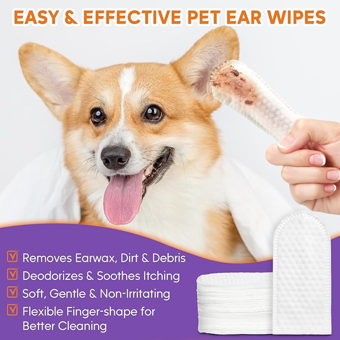 Dog Ear Cleaner Kit - Dog Ear Finger Wipes and Ear Cleaner Solution for Dogs and Cats, Gently Remove Ear Wax & Debris, Soothe Ear Itching, Deodorize, Pet Ear Wash with Aloe Vera & Witch Hazel