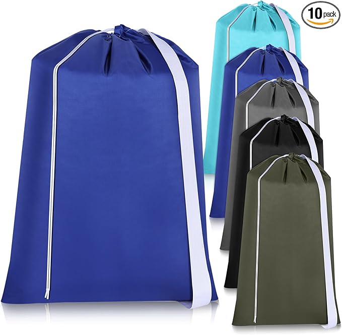 10 Pcs Nylon Extra Large Laundry Bag with Strap Travel Laundry Bags with Drawstring Closure Portable Cloth Bag for College Dorm Apartment Dwellers(Dark Color,28 x 40 Inch)