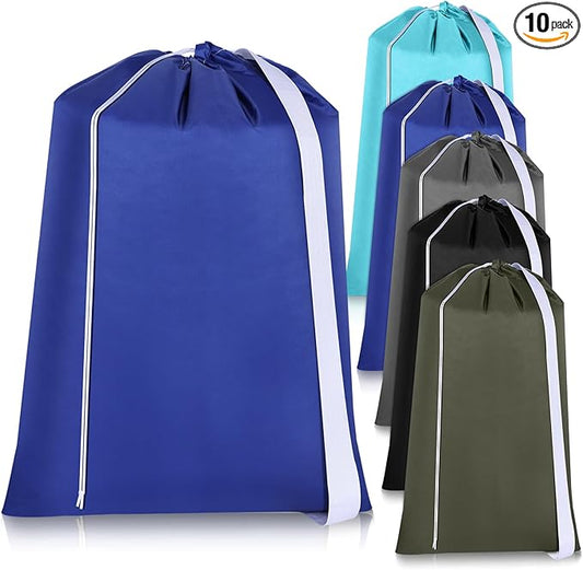 10 Pcs Nylon Extra Large Laundry Bag with Strap Travel Laundry Bags with Drawstring Closure Portable Cloth Bag for College Dorm Apartment Dwellers(Dark Color,28 x 40 Inch)