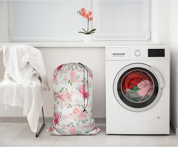 Swono Pink Rose Dining Toy Storage Heavy Duty Basket Laundry Bag with Drawstring Romantic White Peony Bouquets Folding Organizer for Travel Washing Machine, 28x40 Inch, Striped