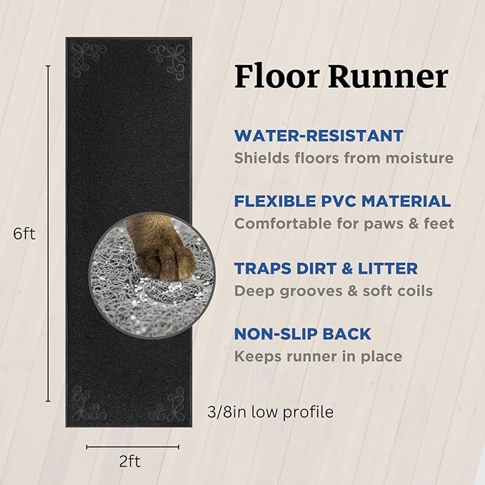 Long Litter Mat Runner 2'x6' - Trap Dirt, Mud and Cat Litter - Premium Waterproof PVC Mesh, Non Slip Rubber Runner for Pets, Entry, Mudroom, Garage, Laundry, RV, Camper - Litter Mat XL (Black)