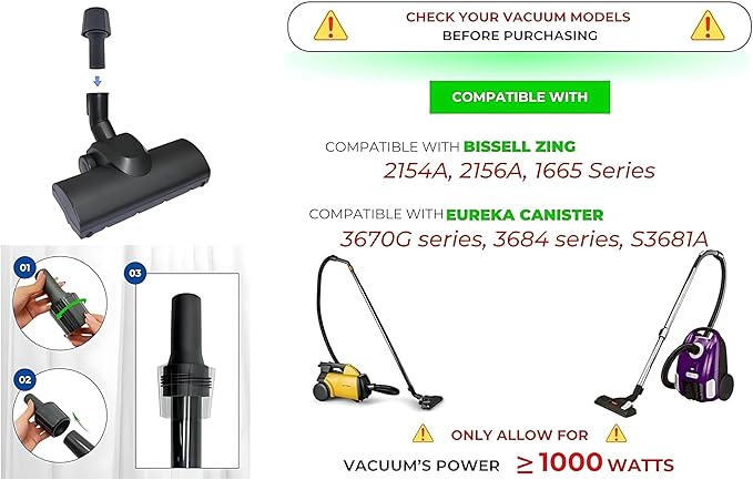 Universal 1.25 Inch (32mm) Turbo Brush Head for 1000W+ Vacuum Cleaners Using 1-1/4'' Accessories - Easy Pet Hair Removal -Works on Low Carpet, Area Rugs & Hardwood Floors