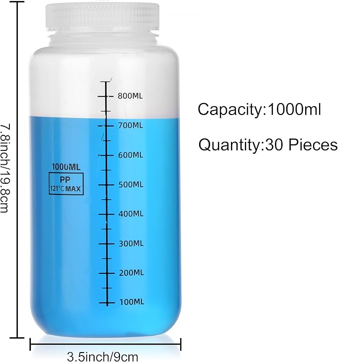 32oz/1000ml Wide Mouth Plastic Bottles, Graduated Food Grade Leak Proof PP Containers Jars with Airtight Lids for Water Sample Lab Reagent Liquid Medicine Storage (Transparent,30 * 1000ML)