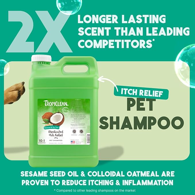 TropiClean Oatmeal Dog Shampoo for Itchy Skin Relief, Professional Dog Shampoo, Soothing Medicated Itch Relief, Puppy Safe, Made in USA, 2.5 Gallon