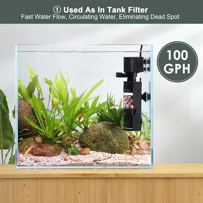 hygger Quiet Fish Tank Filter with Bio Balls Sponge Air Hose, Aquarium in-Tank Filter for 10-40 Gallon 7W 100 GPH