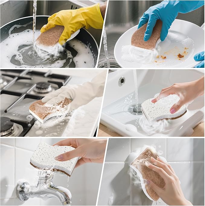12Pack Natural Kitchen Sponge, Biodegradable Cellulose and Coconut Scrubber, Eco Friendly Sponges for Dishes