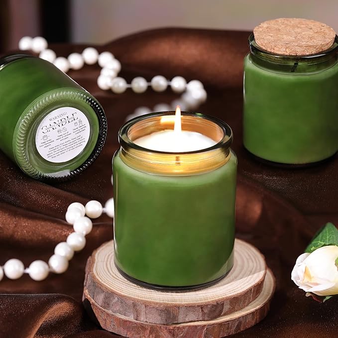 12Pcs Green Candle Jars for Making Candles, 7.5oz Glass Jars with Wooden Lids and Labels, Candle Containers for DIY, Gifts, Candles Making Supplies, Table Decor