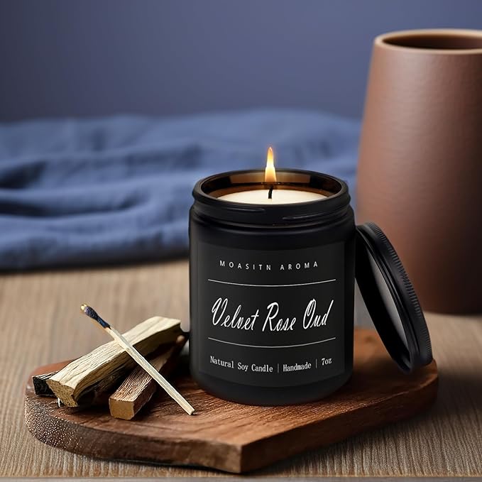 MOASITN Velvet Rose Oud Highly Scented Candles for Home| Natural Soy Aromatherapy Candle| Handmade Long Lasting Jar Candle| Candel Gift for Men,Women as Birthday,Housewarming,Relaxing Gifts| 7oz