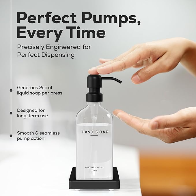 Glass Hand and Dish Soap Dispenser Set by Brighter Barns - Kitchen Soap Dispenser Set with Tray, Stainless Steel Pump - Glass Bottles for Sink - Black Kitchen Accessories for Home, Hotel, Gift (Clear)