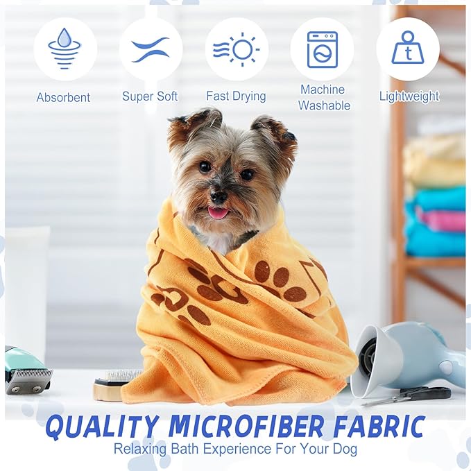 4 Pcs Dog Bath Towels Microfiber Drying Dog Towel Absorbent Pet Heart Paw Towels for Medium Dogs Puppy Cats Pets Shower(Blue, Yellow, Pink, Apple Green)