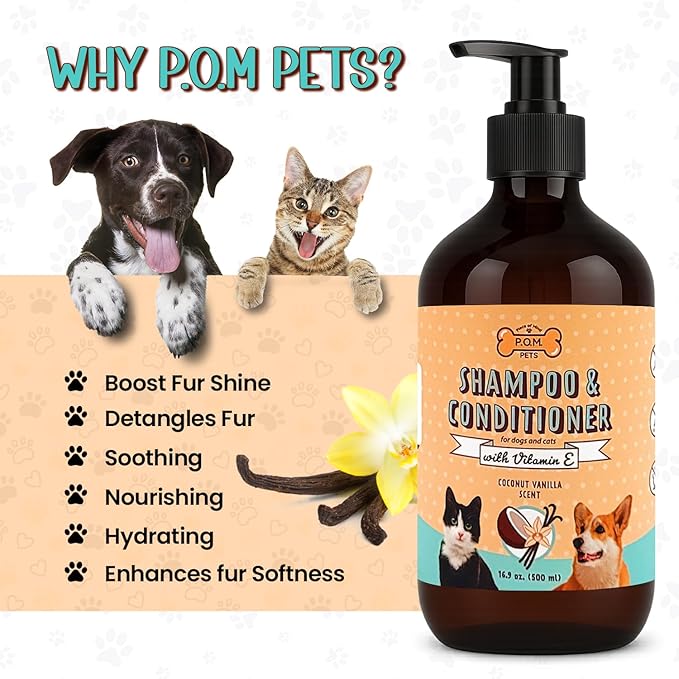 POM Pets 2-in-1 Organic Dog Shampoo & Conditioner – Itchy Skin Relief, Dog Deshedding, Detangles Fur, Cat Shampoo, Paw Cleaner for Dogs, Natural Coat Defense Formula
