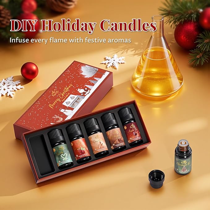 Christmas Essential Oil Set | 6 Pack Holiday Fragrance Oils for Diffuser, Candle Making | Christmas Tree, Spice, Gingerbread, Apple Cider, Candy, Cranberry | Aromatherapy Gift Set for Home & Women