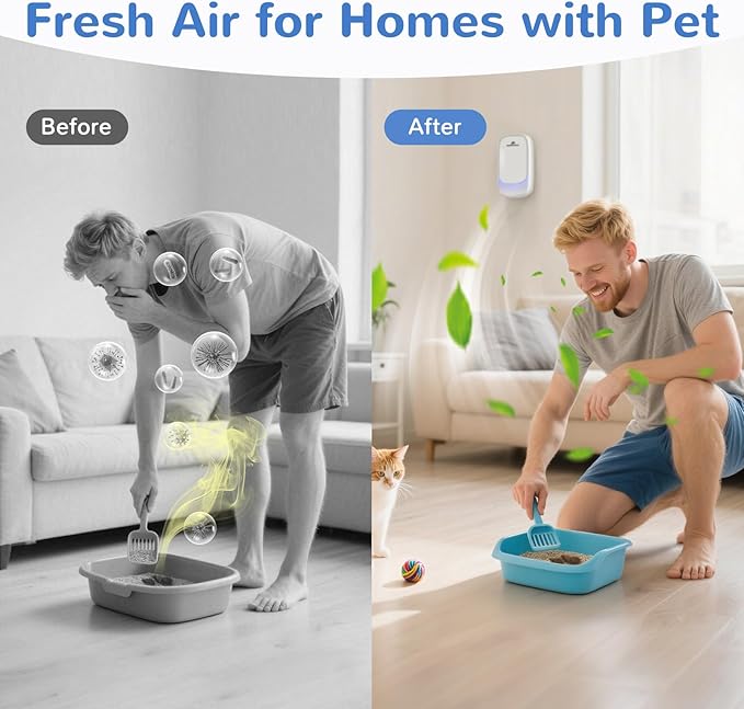 Cat Litter Deodorizer – 99% Odor Eliminator for Strong Pet Odors, Plug In Negative Ion Air Purifier for Litter Box, Home, Kitchen, Bathroom, Ozone-Free & Quiet Portable
