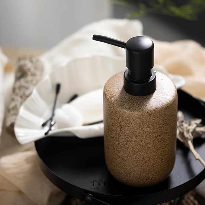 EMPO Stone-Textured Vintage Ceramic Dispenser, High-Color Rough Modern Zen Black ABS Press Bottle for Hand Soap, Shampoo, Conditioner for Bathroom and Kitchen (350ml/11.83oz)