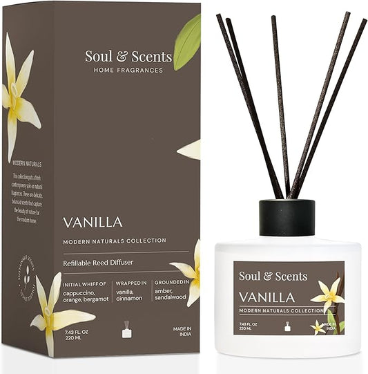 Soul & Scents Reed Diffuser Set – Vanilla | 7.43 oz Refillable Scented Oil with 6 Fiber Sticks | Long-Lasting Home Fragrance & Air Freshener for Bedroom, Bathroom, Office | Gift & Décor Piece