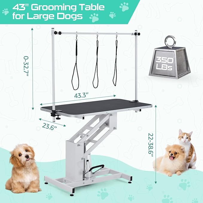 43.6" Pet Grooming Table for Large Dogs, Heavy Duty Height Adjustable Dog Grooming Table With Overhead Arm & Noose Height Range 22''-39'', Maximum Capacity Up to 350 Lbs, White
