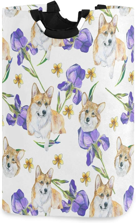 visesunny Collapsible Laundry Basket Purple Tulip Dog Animal Large Laundry Hamper with Handle Toys and Clothing Organization for Bathroom, Bedroom, Home, Dorm, Travel