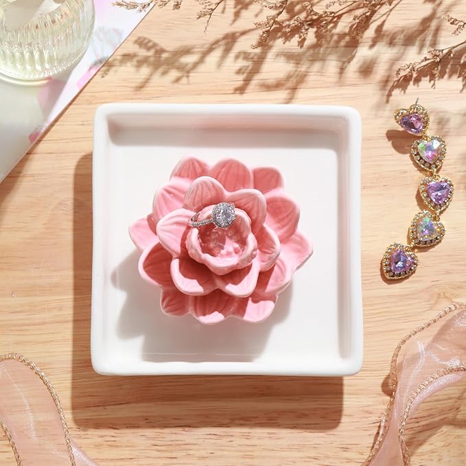PUDDING CABIN Pink Lotus Ring Holder Dish, Jewelry Holder for Rings, Earrings, Necklace, Bracelets Organizer, Birthday, Wedding, Christmas, Valentine's Day Gifts for Her