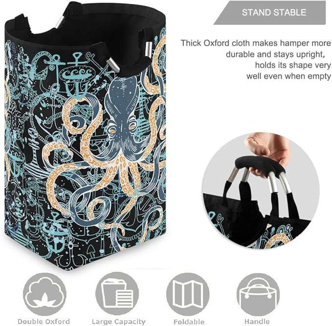 visesunny Vintage Octopus Anchor Large Laundry Bag Collapsible Oxford Fabric Laundry Hamper Foldable Portable Dirty Clothes Laundry Basket with Handles Waterproof Washing Bin Laundry Tote Bag