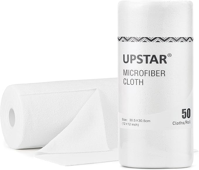 UPSTAR Microfiber Cleaning Cloth, Reusable Paper Towels Rolls, Cleaning Rags for Washing Dishes, Kitchen,Bathroom, 12x12 inch,50 Packs/Roll, White