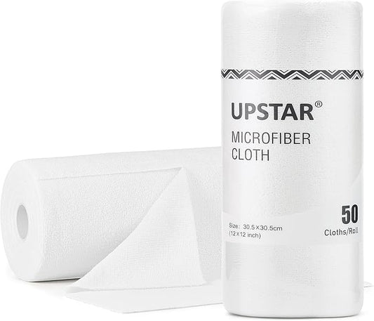 UPSTAR Microfiber Cleaning Cloth, Reusable Paper Towels Rolls, Cleaning Rags for Washing Dishes, Kitchen,Bathroom, 12x12 inch,50 Packs/Roll, White