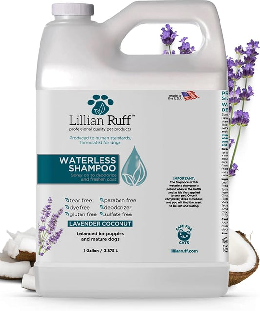 Lillian Ruff Waterless No-Rinse Dog Dry Shampoo Spray with Hydrating Essential Oils - pH-Balanced Dry Shampoo for Dogs - Clean, Condition, Detangle & Deodorize Dry, Sensitive Skin (Gallon)