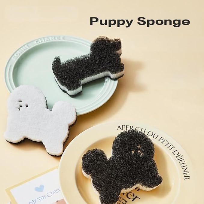 Cute Dog Sponge for Dishes- Soft Scrubber, Three Layer Cleaning Sponge, Non-Scratch Dishwashing Sponge (2pcs)