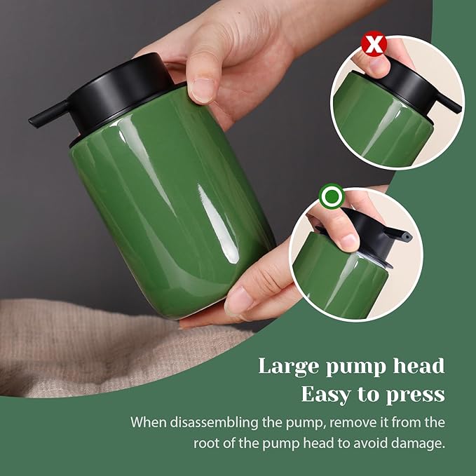INGOFIN Ceramic Lotion Soap Dispenser Set, 2 Pack (12 oz) Bathroom Hand Soap Dispenser with Pump, Liquid Hand and Dish Soap Dispenser Set, 4 Pcs Clear Stickers, for Kitchen, Bathroom-Olive Green