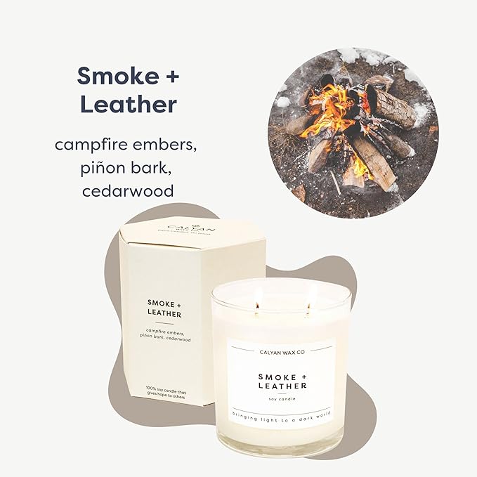 Calyan Wax Co. 2 Wick Candle, Smoke + Leather Scented Candle, 37 Hour Burn Time, Aromatherapy Soy Candles, Non Toxic & Vegan Soy Wax, Glass Tumbler Scented Candles, 8.8oz