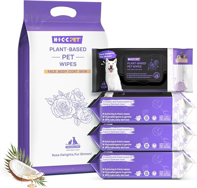 HICC PET Cleaning Deodorizing Wipes for Dogs & Cats, Vet Recommended Plant-Based Pet Grooming Wipes, Fermented Coconut Oil Grooming Paws, Body and Butt, Horse Skin, Coat & Hoof, Rose, 400 Count