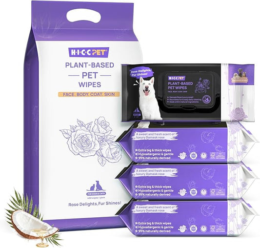 HICC PET Cleaning Deodorizing Wipes for Dogs & Cats, Vet Recommended Plant-Based Pet Grooming Wipes, Fermented Coconut Oil Grooming Paws, Body and Butt, Horse Skin, Coat & Hoof, Rose, 400 Count