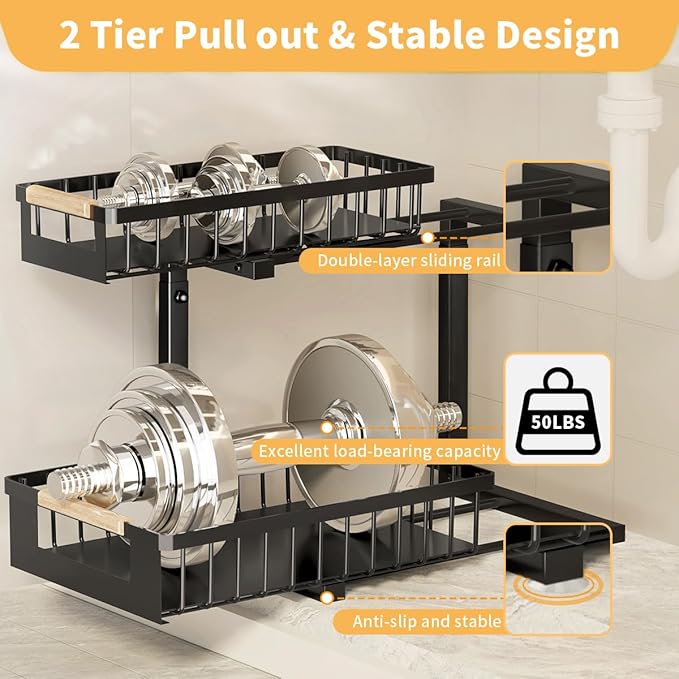 Under the Sink Organizer Kitchen , 2 Tier Large Pull Out Under Sink Organizer with Adjustable Height, Metal Under Cabinet Organizer and Storage for Counter Bathroom Vanity Laundry, Black 2 Packs
