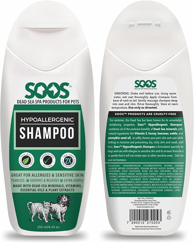 Soos Pet Shampoo Hypoaller-genic Cat and Dog Shampoo Natural Dead Sea Minerals Fast Absorbing Soothes Skin Irritation with Vitamins Essential Oils - 1 Pack (250ml)