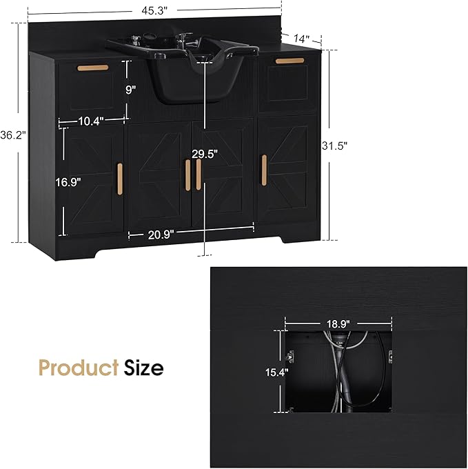 BarberPub Portable Shampoo Station, Shampoo Bowl with Cabinet & Drawer, Salon Geometric Finish Station with Sprayer Faucet, Barber Storage Equipment with Hair Wash Backwash Sink 3439 (Black)